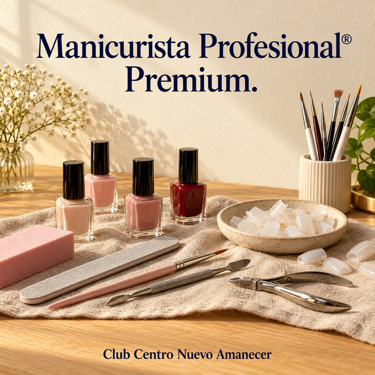 Ilustración conceptual creada con IA: Esmaltes, pinceles y herramientas de manicura sobre lino. No es material ni resultado del curso.