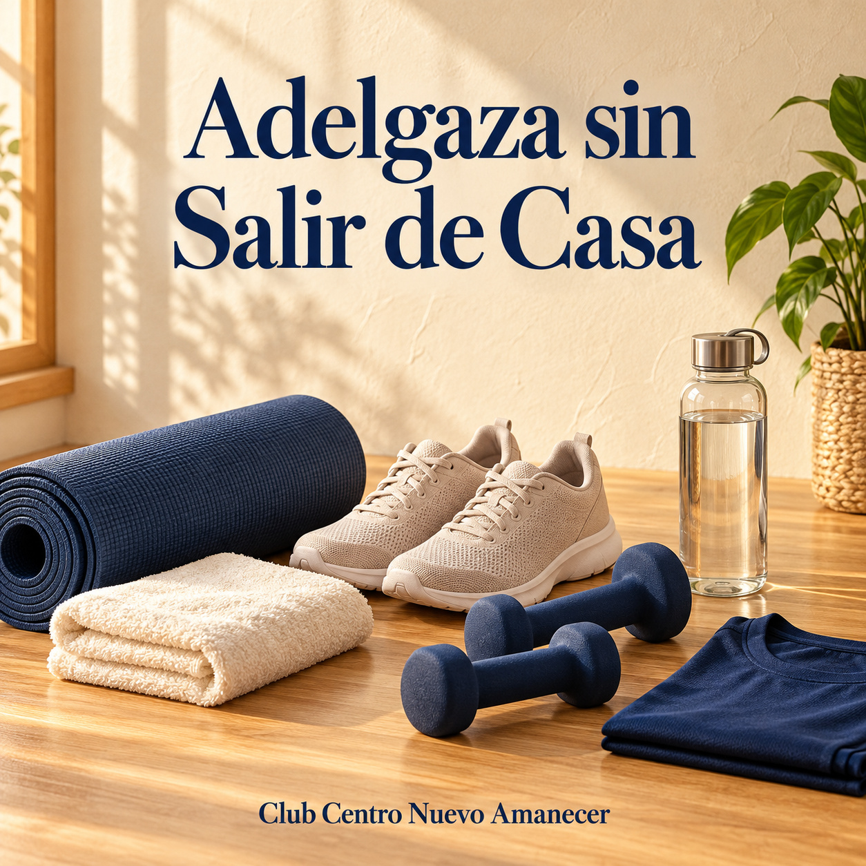 Ilustración conceptual creada con IA: Esterilla, zapatillas, pesas y botella de agua para ejercicio en casa. No es material ni resultado del curso.