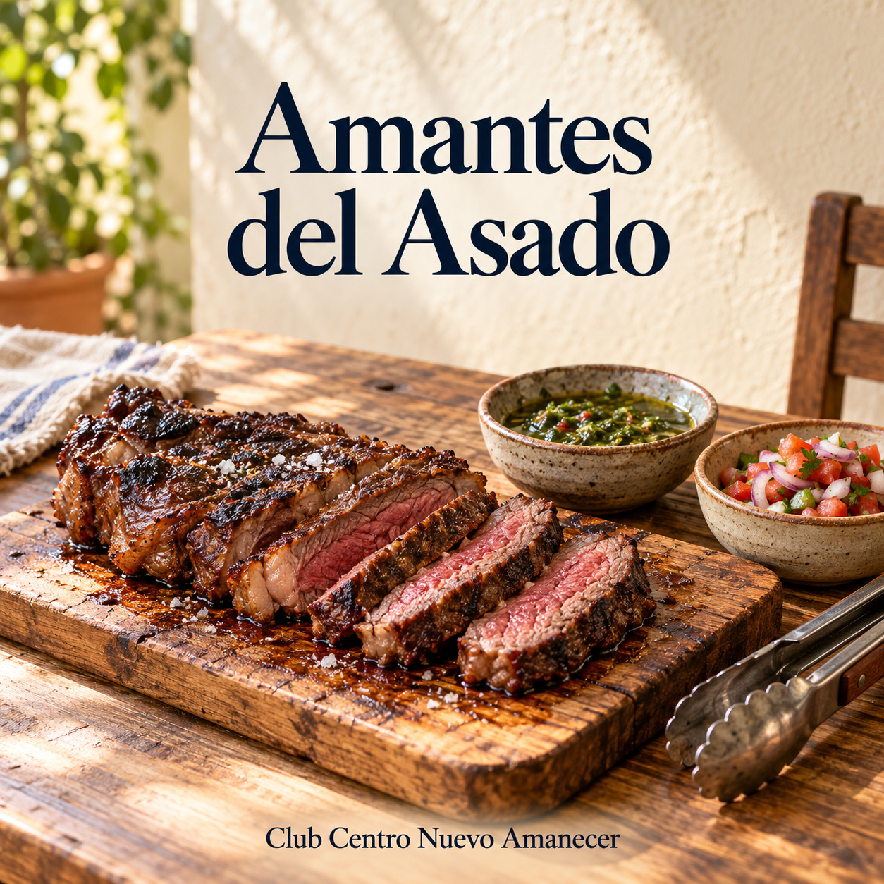 Ilustración conceptual creada con IA: Carne asada en una tabla con chimichurri y salsa criolla. No es material ni resultado del curso.