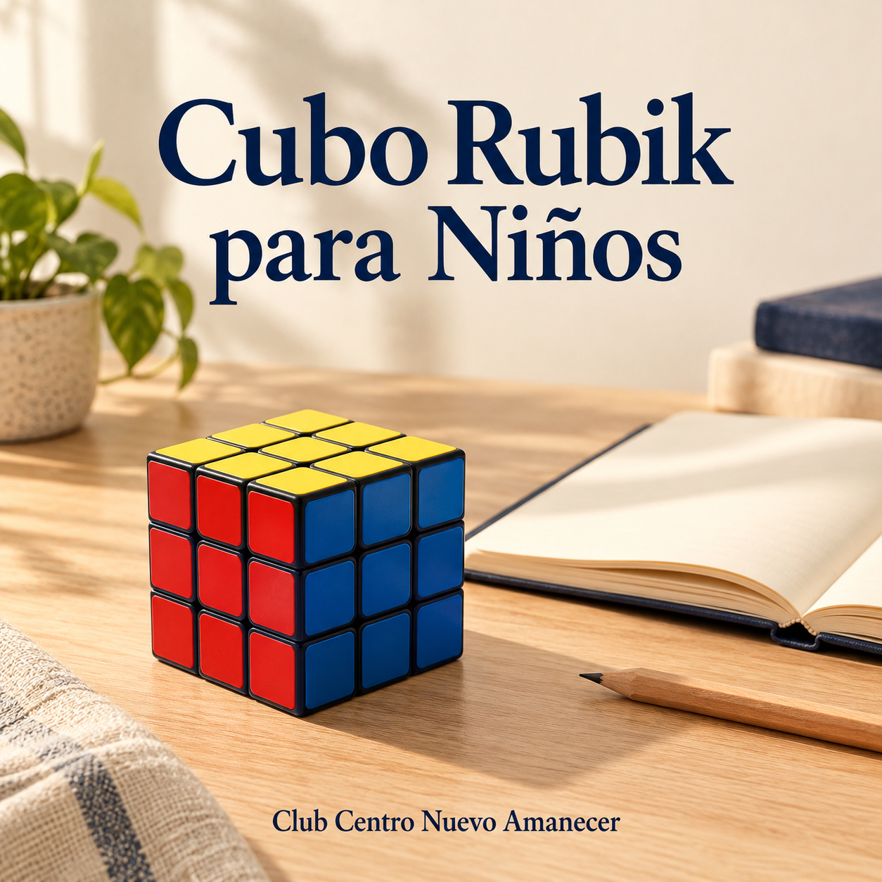Cubo de colores de tres por tres junto a un cuaderno y un lápiz.