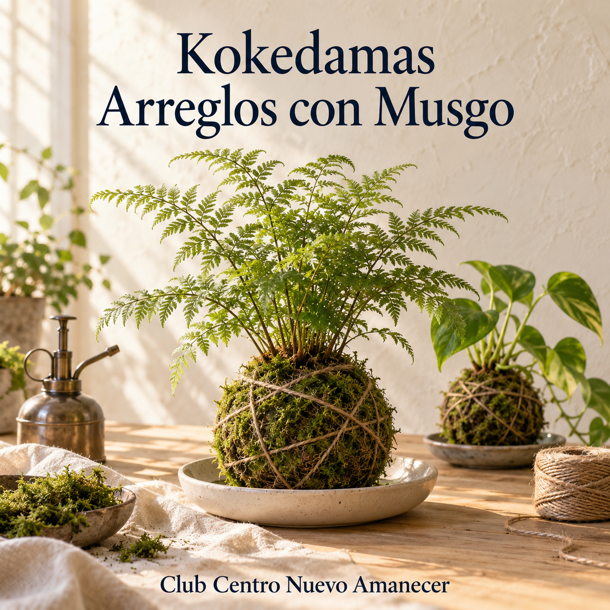 Plantas en kokedamas de musgo junto a materiales de jardinería.