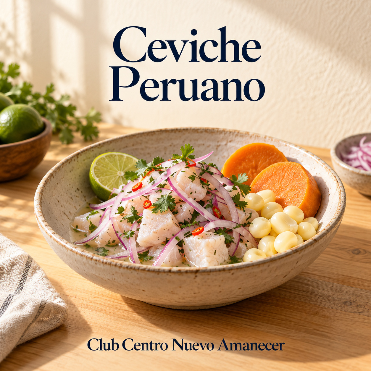Ilustración conceptual creada con IA: cuenco de ceviche con cebolla morada, lima, maíz y rodajas de camote. No es material ni resultado del curso.