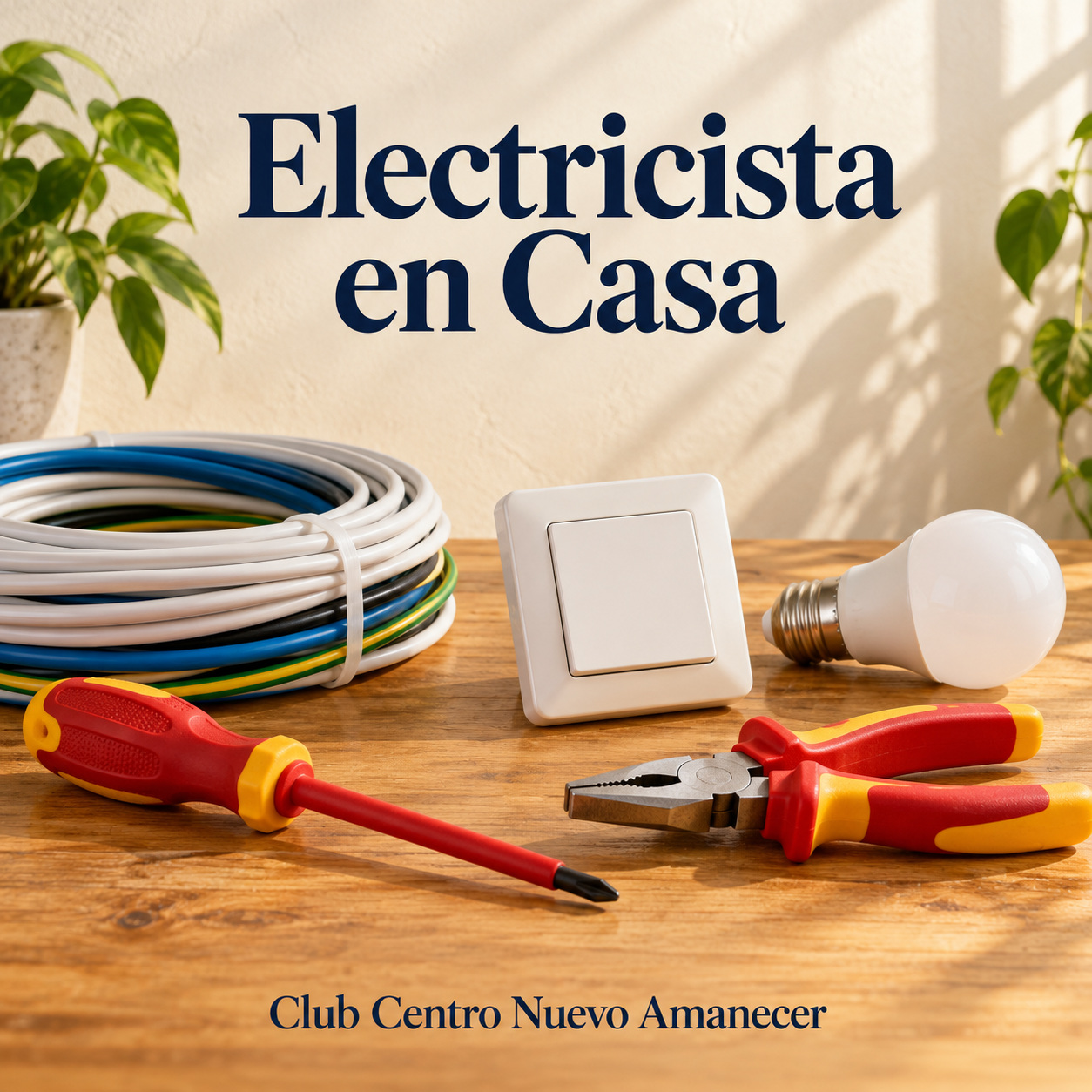 Ilustración conceptual creada con IA: cables enrollados, interruptor, bombilla, destornillador y alicates. No es material ni resultado del curso.