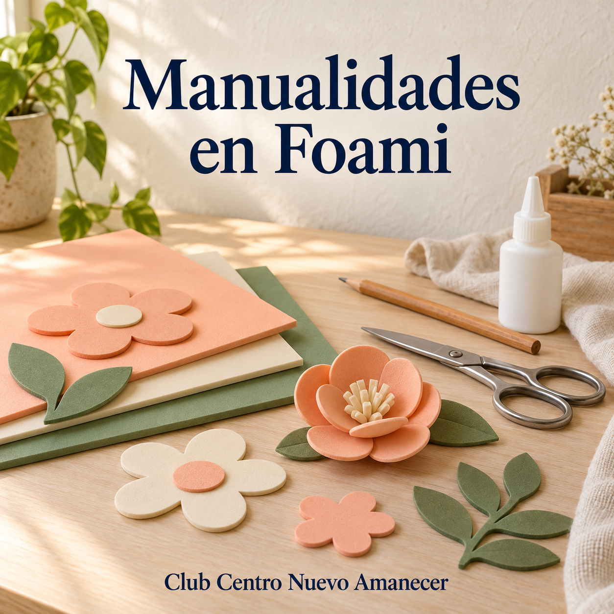 Flores y recortes de foami junto a láminas de colores, tijeras y pegamento.