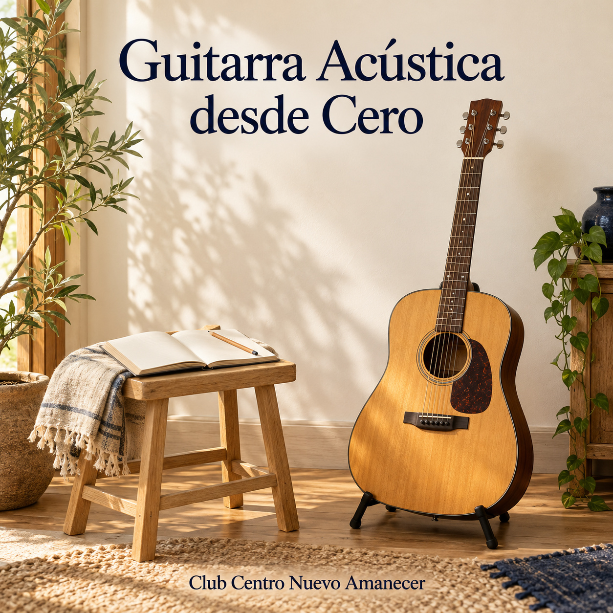 Guitarra acústica de madera junto a una ventana.