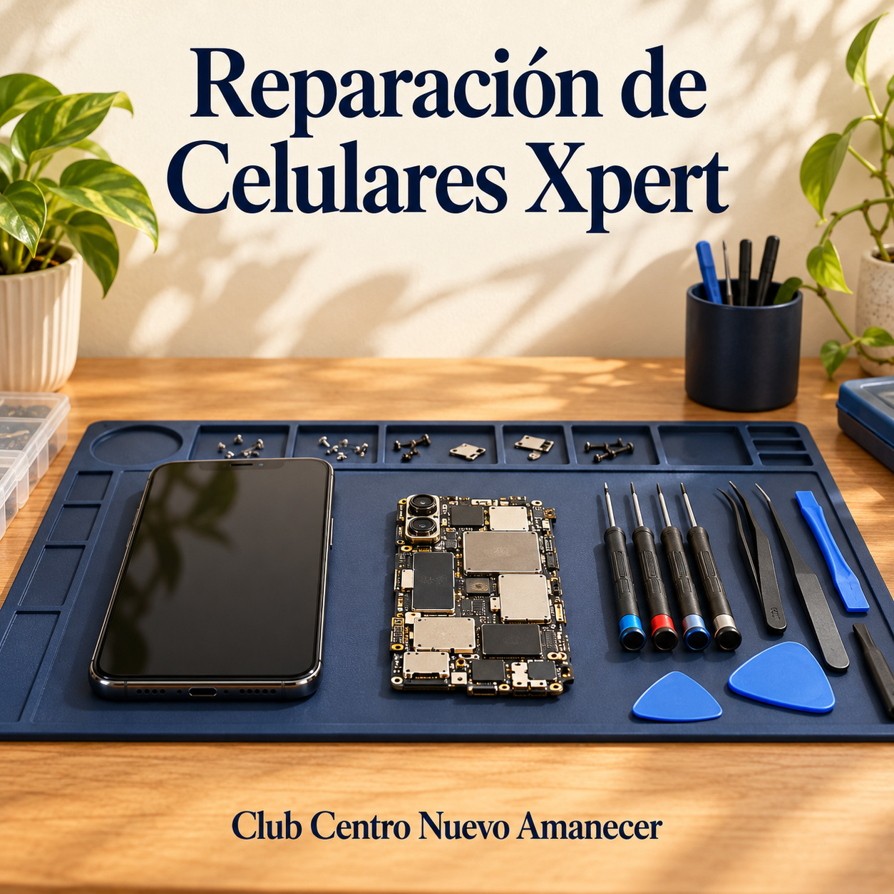 Ilustración conceptual creada con IA: teléfono, placa electrónica y herramientas de precisión sobre una base azul. No es material ni resultado del curso.
