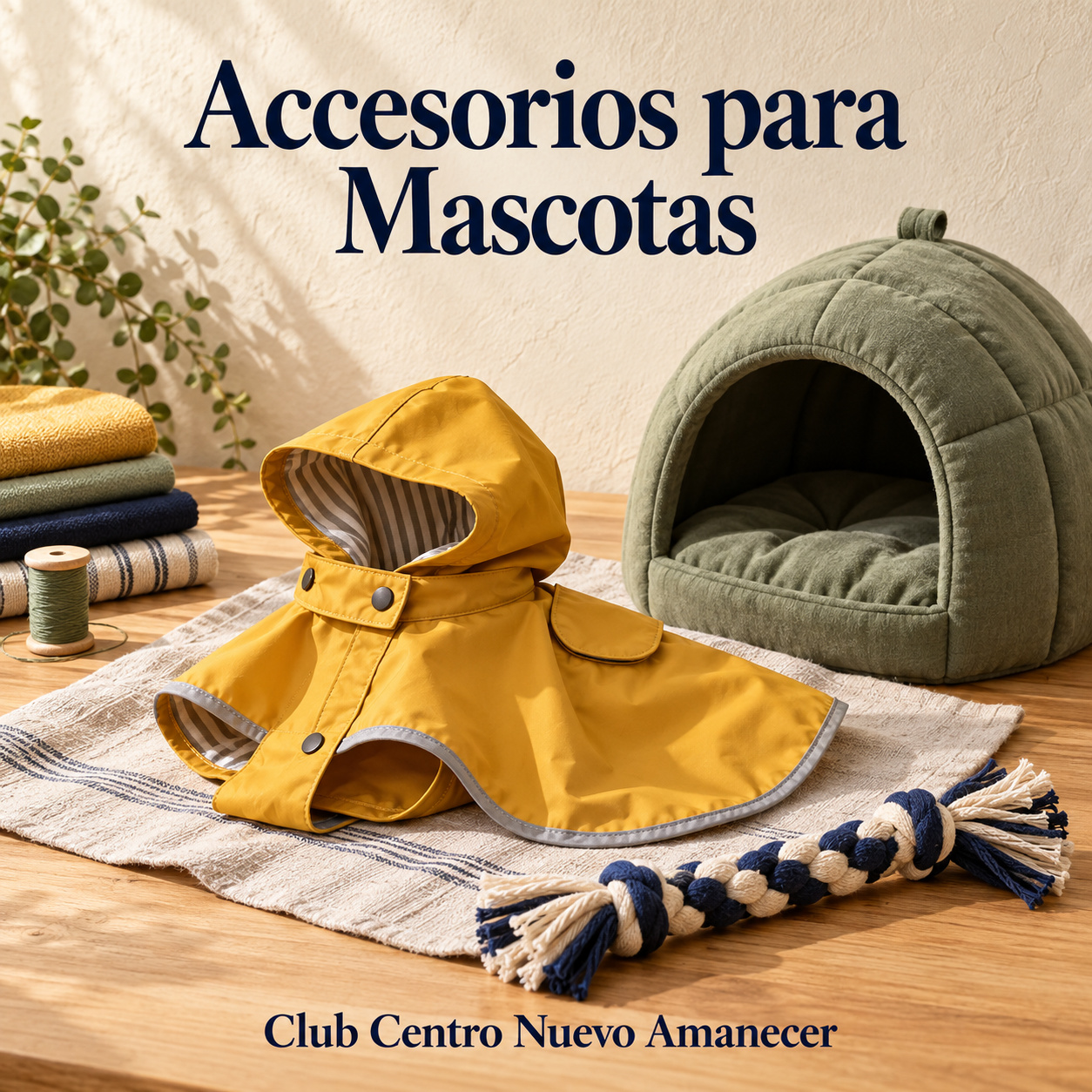 Ilustración conceptual creada con IA: Capa de lluvia, cama tipo iglú y juguete de tela para mascotas. No es material ni resultado del curso.