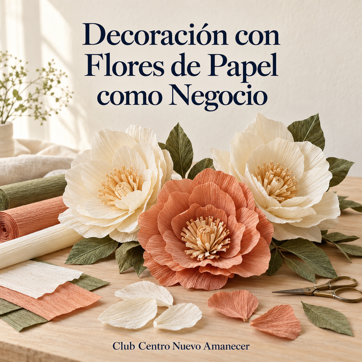Flores de papel en tonos crema y coral junto a papel y tijeras.