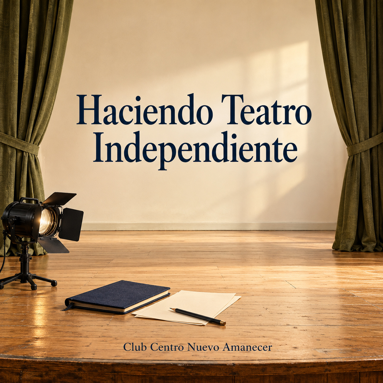 Escenario vacío con telón, foco de teatro y libreto.