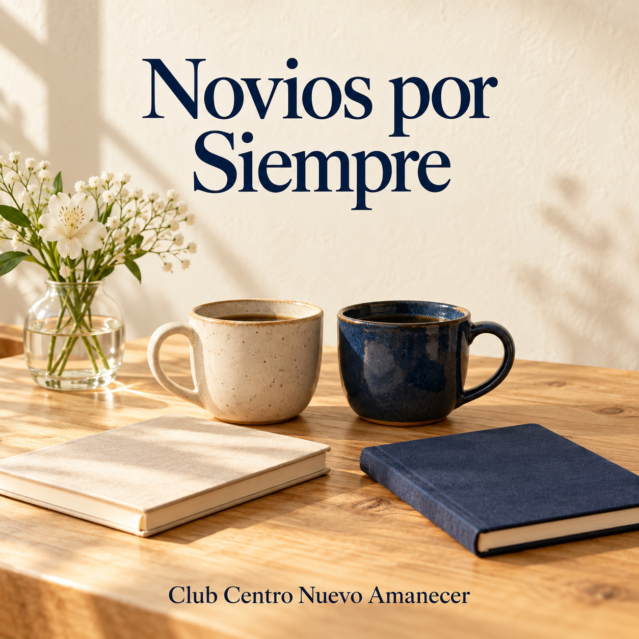 Ilustración conceptual creada con IA: dos tazas y dos cuadernos junto a un pequeño jarrón de flores. No es material ni resultado del curso.
