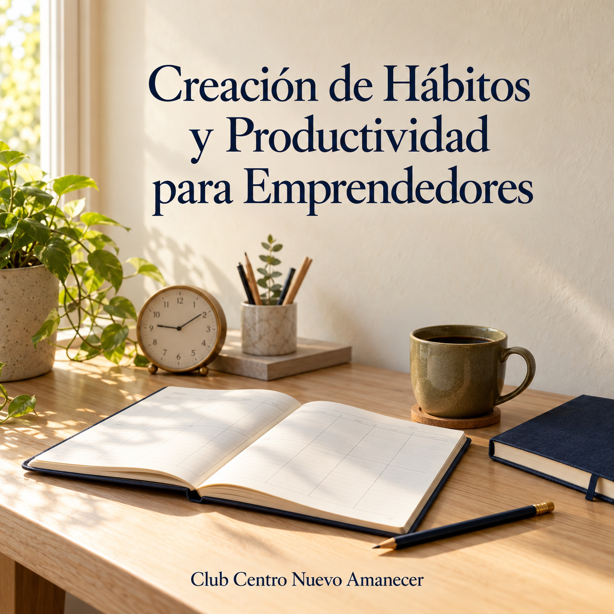 Planificador abierto, reloj, lápices y taza en un escritorio luminoso.