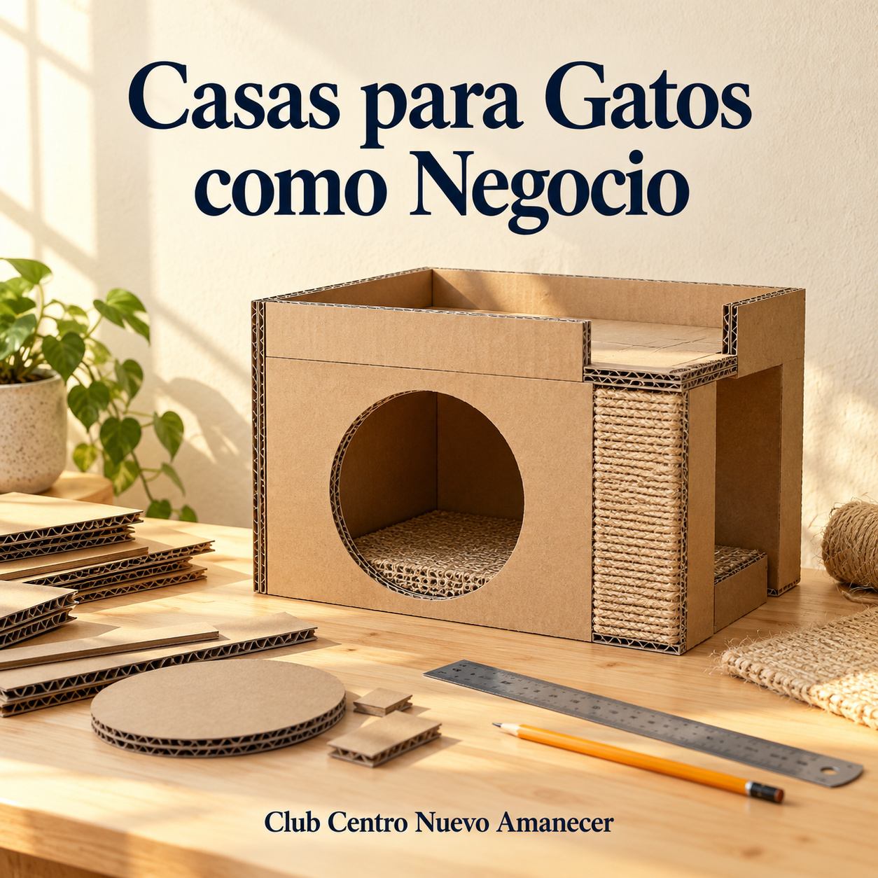 Ilustración conceptual creada con IA: casa de cartón con entrada circular, recortes, regla y lápiz sobre una mesa. No es material ni resultado del curso.