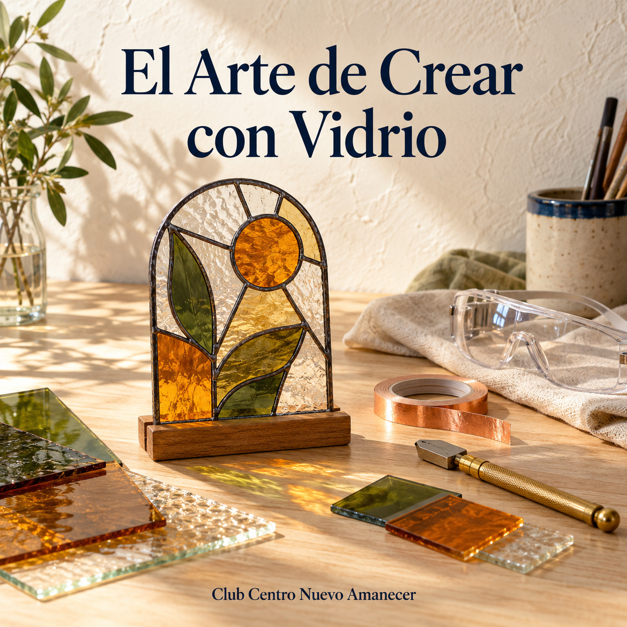 Piezas de vidrio de colores y herramientas para trabajar el vidrio.