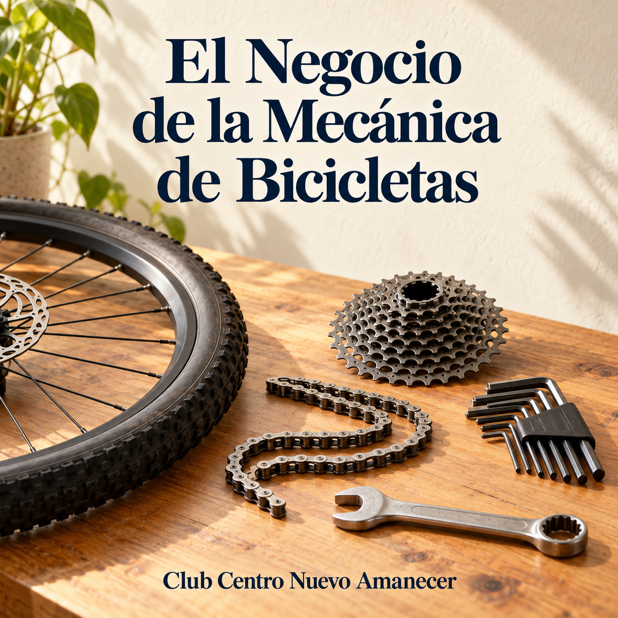 Ilustración conceptual creada con IA: rueda de bicicleta, cadena, piñones, llaves hexagonales y llave de tuercas. No es material ni resultado del curso.