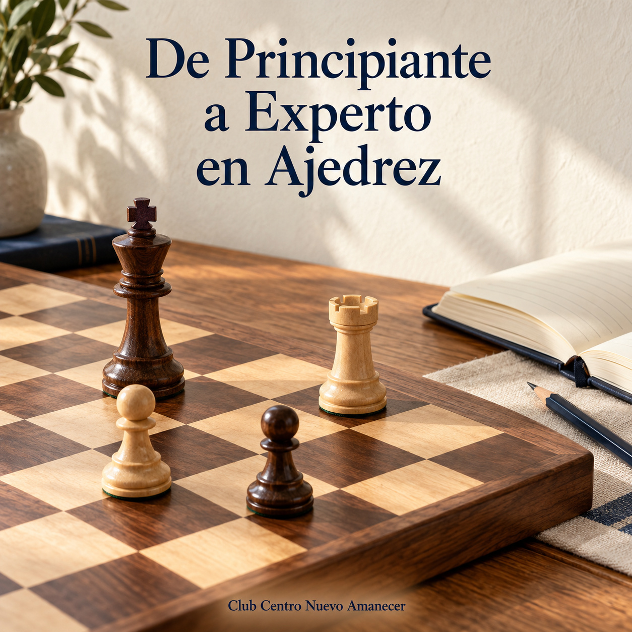 Rey, torre y peones sobre un tablero de ajedrez de madera.