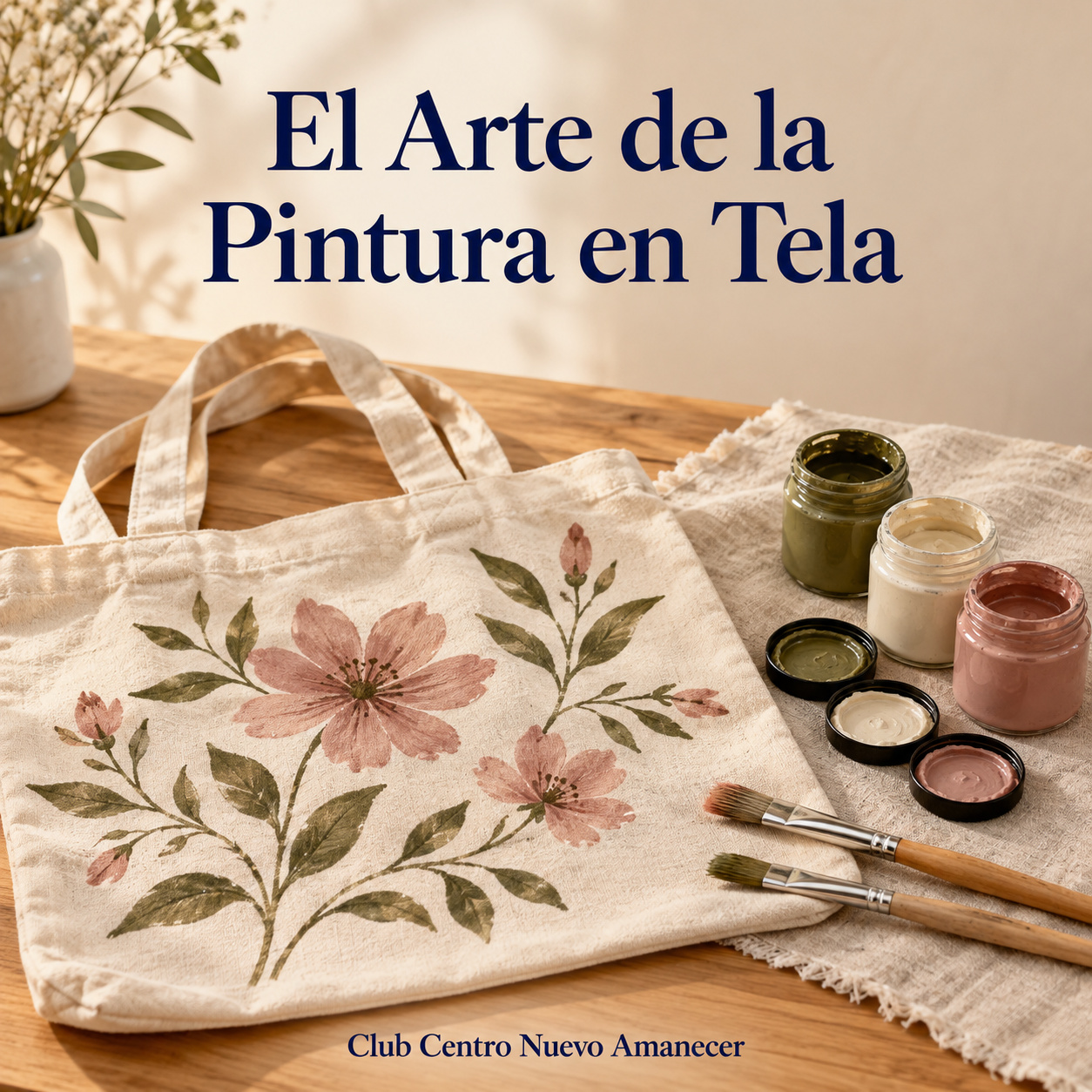 Bolsa de tela con motivos florales pintados junto a pinturas y pinceles.