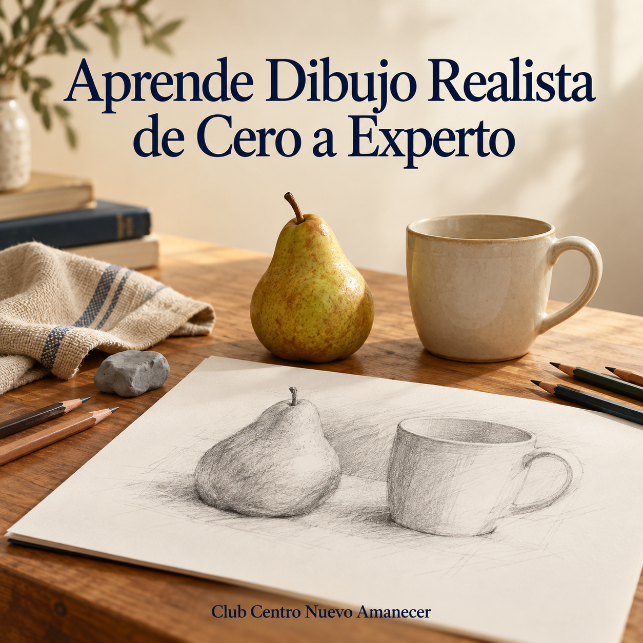 Estudio a lápiz de una pera y una taza junto a sus modelos reales.