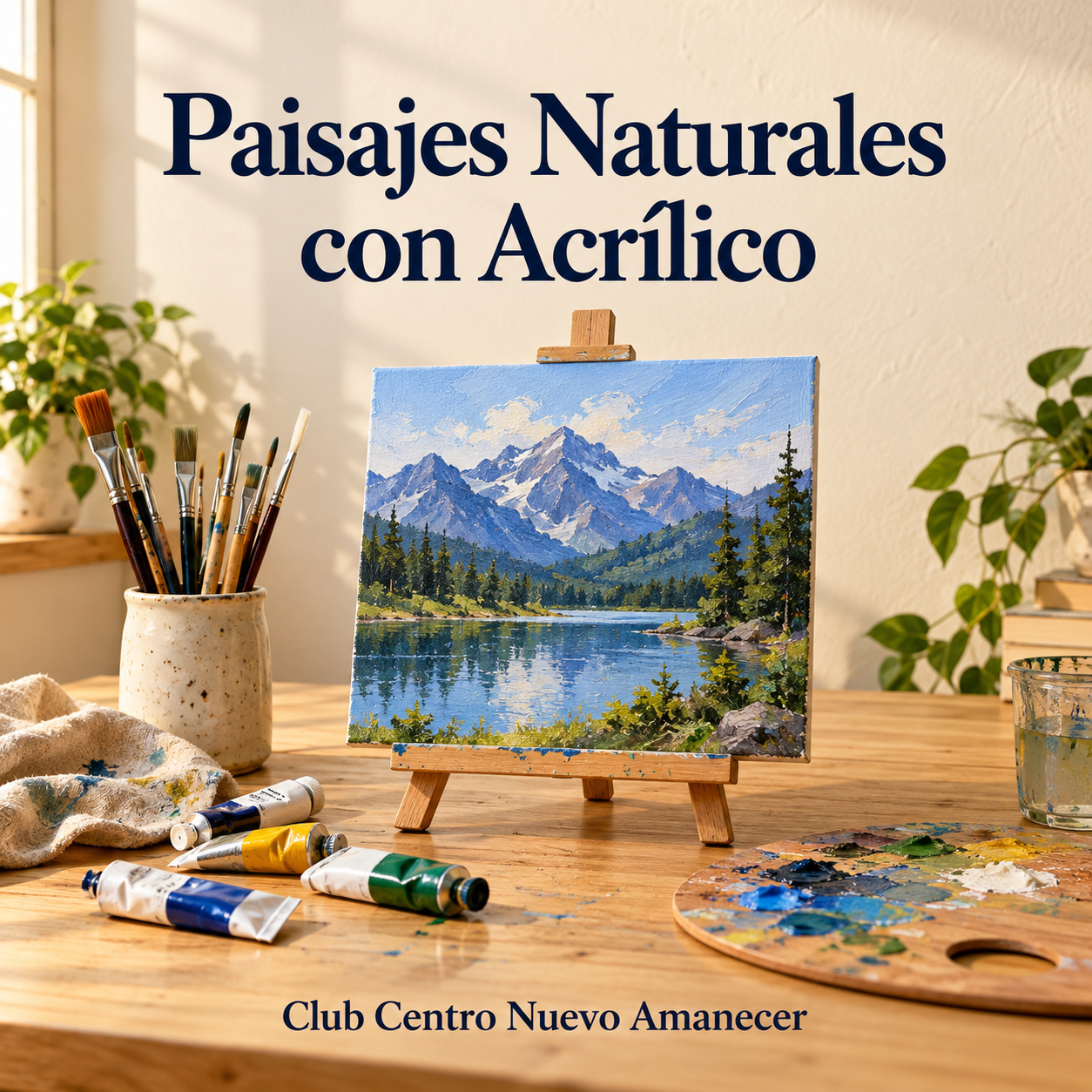 Ilustración conceptual creada con IA: paisaje de montañas y lago en un caballete, con pinceles, tubos de pintura y paleta. No es material ni resultado del curso.