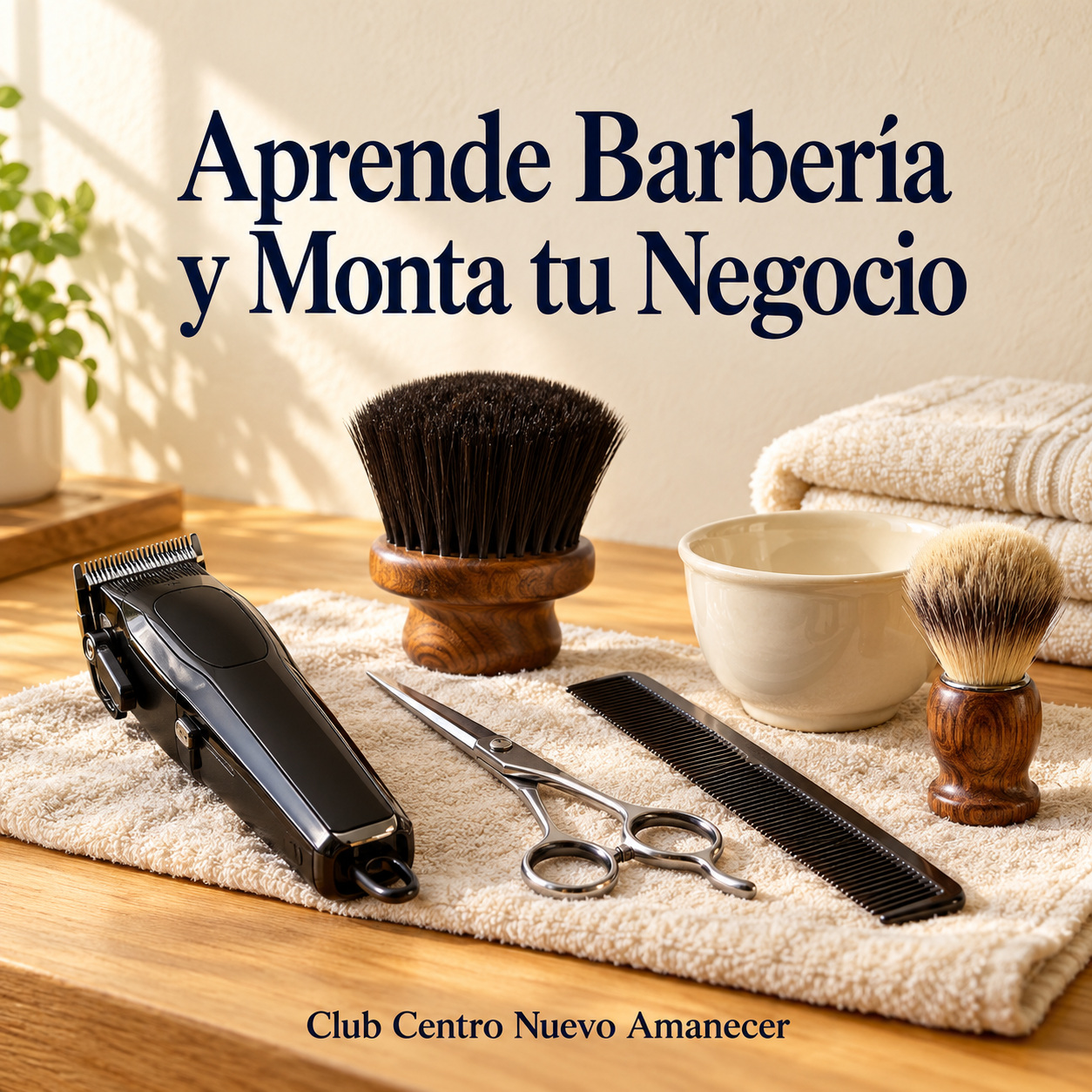 Ilustración conceptual creada con IA: Máquina de cortar pelo, tijeras, peine, brochas y toallas. No es material ni resultado del curso.