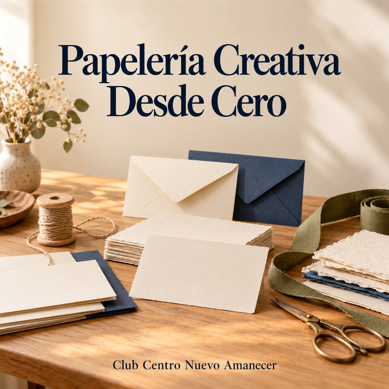 Sobres y papeles artesanales junto a hilo, cintas y tijeras.