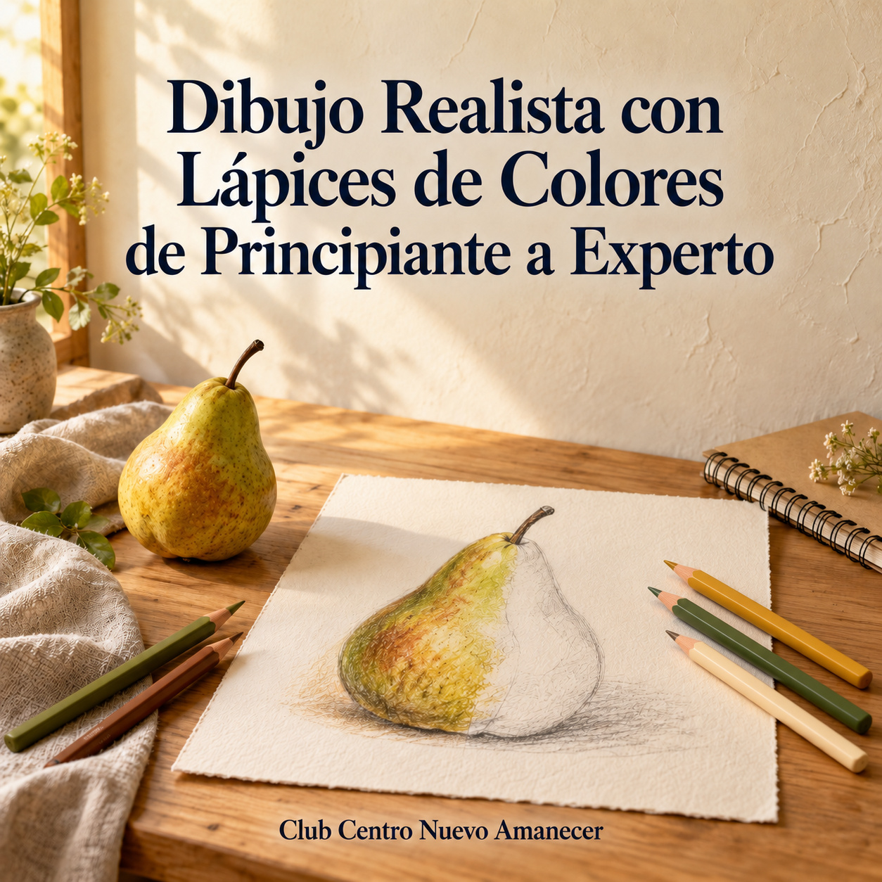 Lápices de colores y un dibujo de una pera sobre papel.