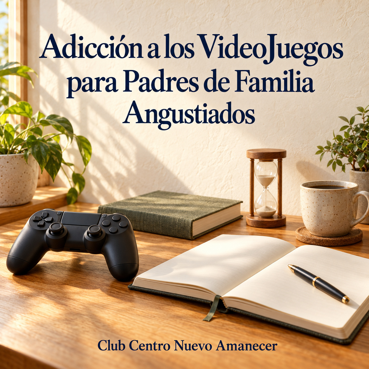 Ilustración conceptual creada con IA: Mando de videojuegos, libros, reloj de arena y cuaderno. No es material ni resultado del curso.