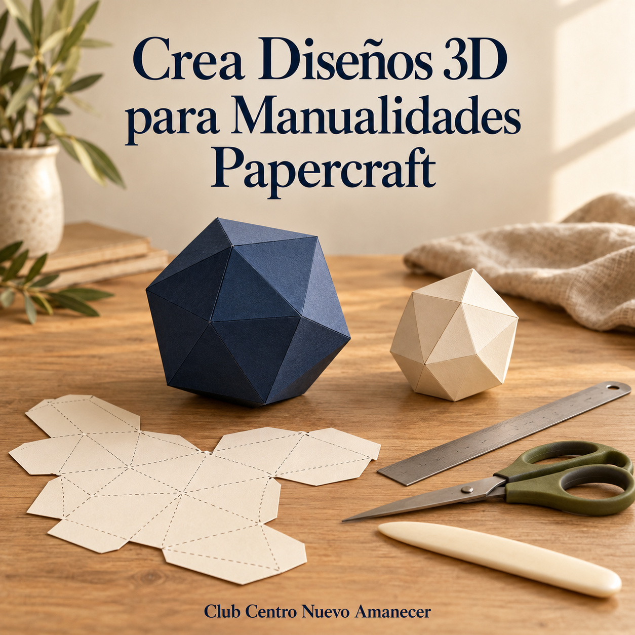 Figuras geométricas de papel, una plantilla y herramientas de papercraft.