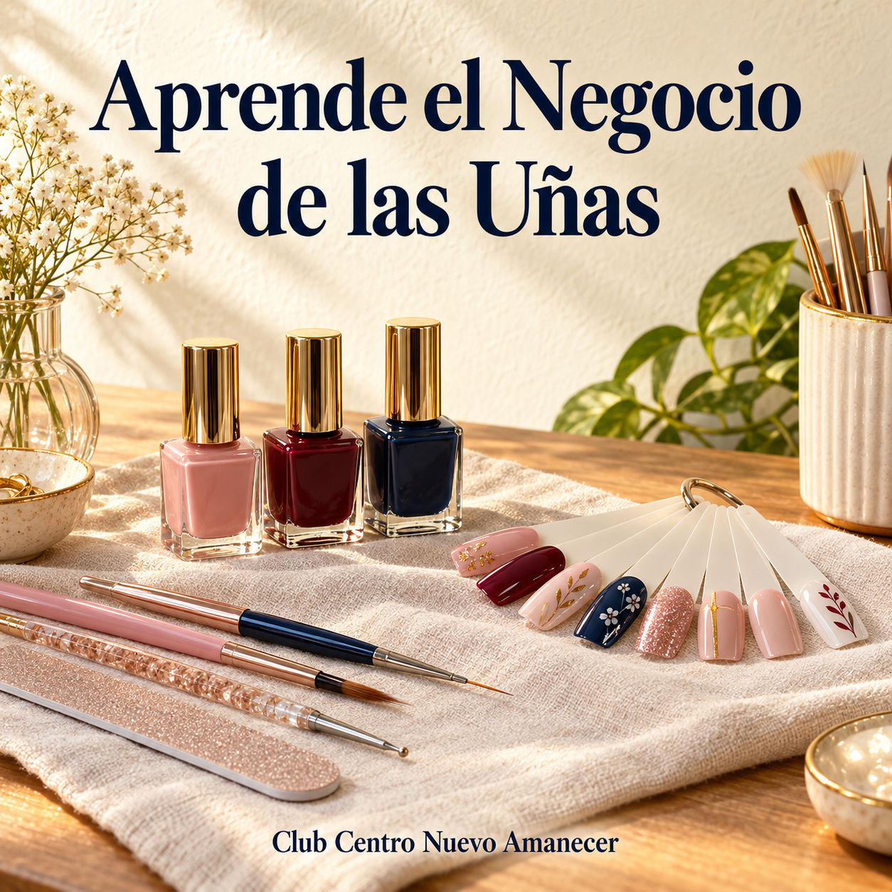 Ilustración conceptual creada con IA: Esmaltes, pinceles, limas y muestras de diseños de uñas. No es material ni resultado del curso.