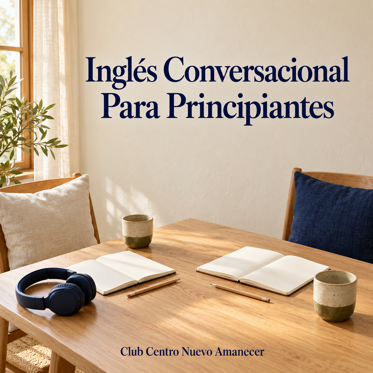 Dos cuadernos abiertos, auriculares y tazas en una mesa para conversar y estudiar.