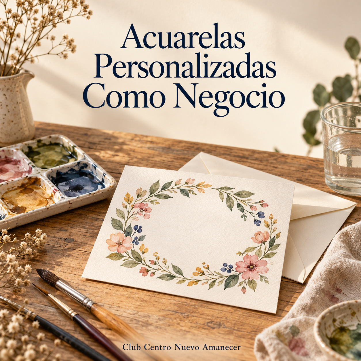 Tarjeta con una composición floral en acuarela, paleta y pinceles.