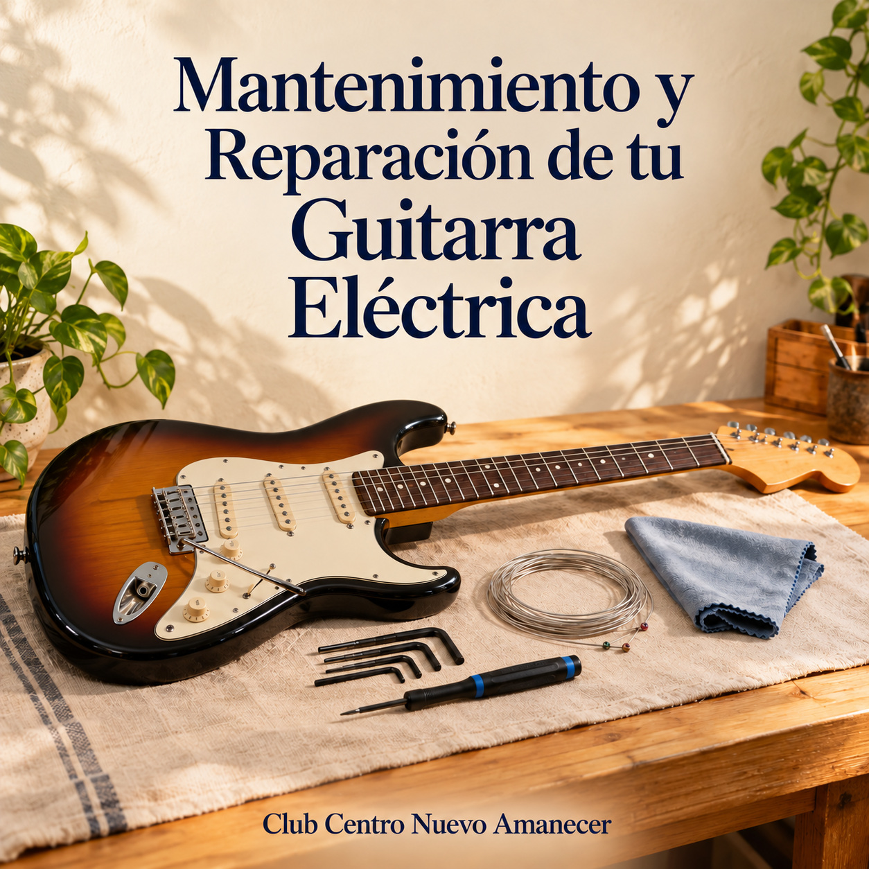 Ilustración conceptual creada con IA: guitarra eléctrica, cuerda enrollada, llaves hexagonales, destornillador y paño. No es material ni resultado del curso.