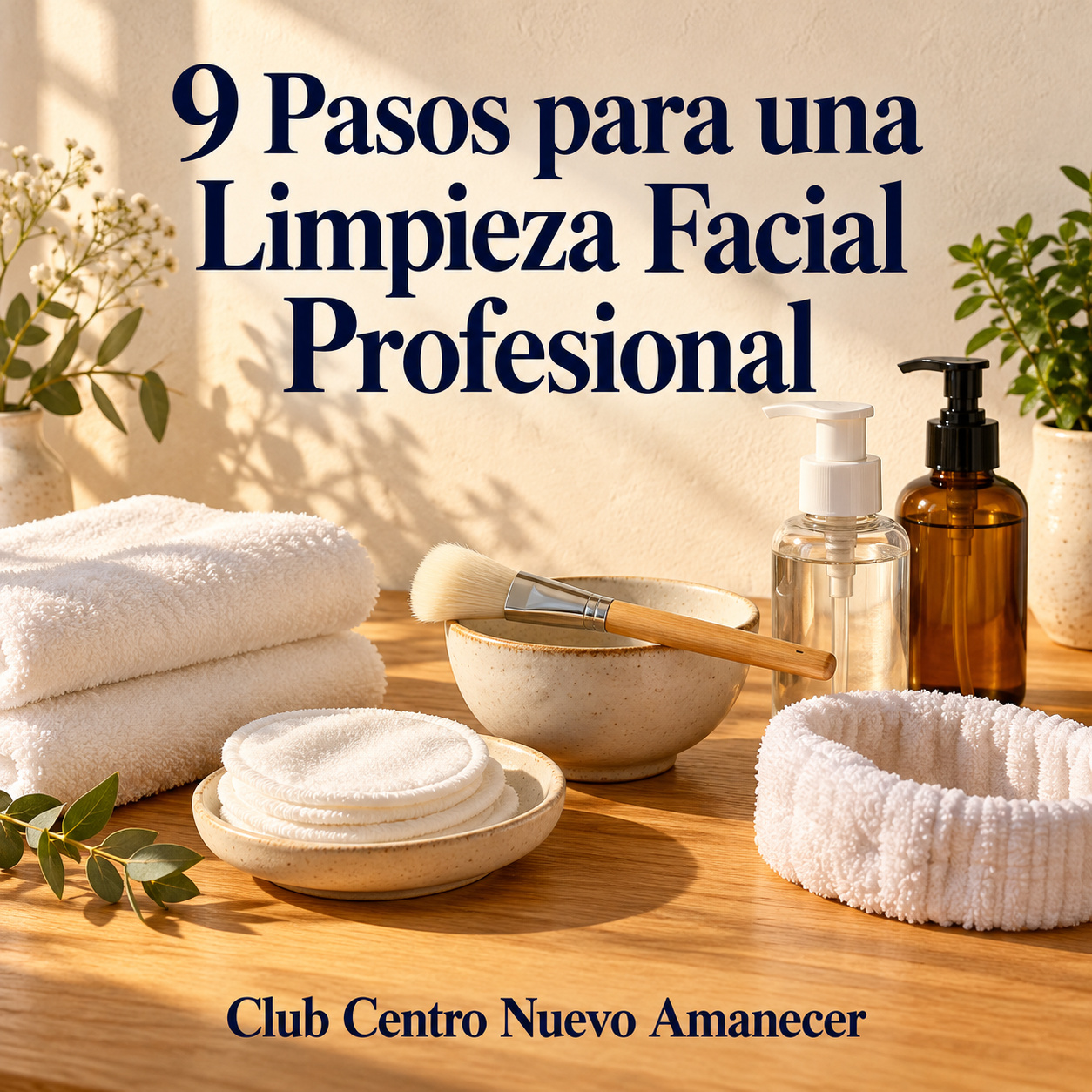 Ilustración conceptual creada con IA: Toallas, cuencos, pinceles y frascos de cuidado facial. No es material ni resultado del curso.
