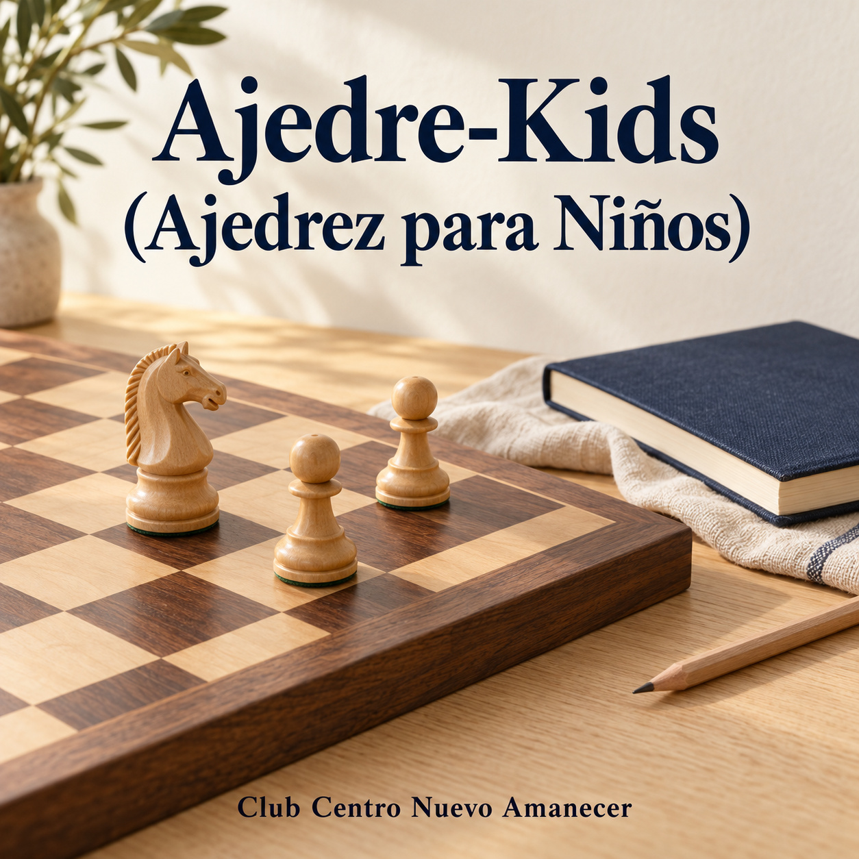 Piezas de ajedrez de madera sobre un tablero junto a un cuaderno.