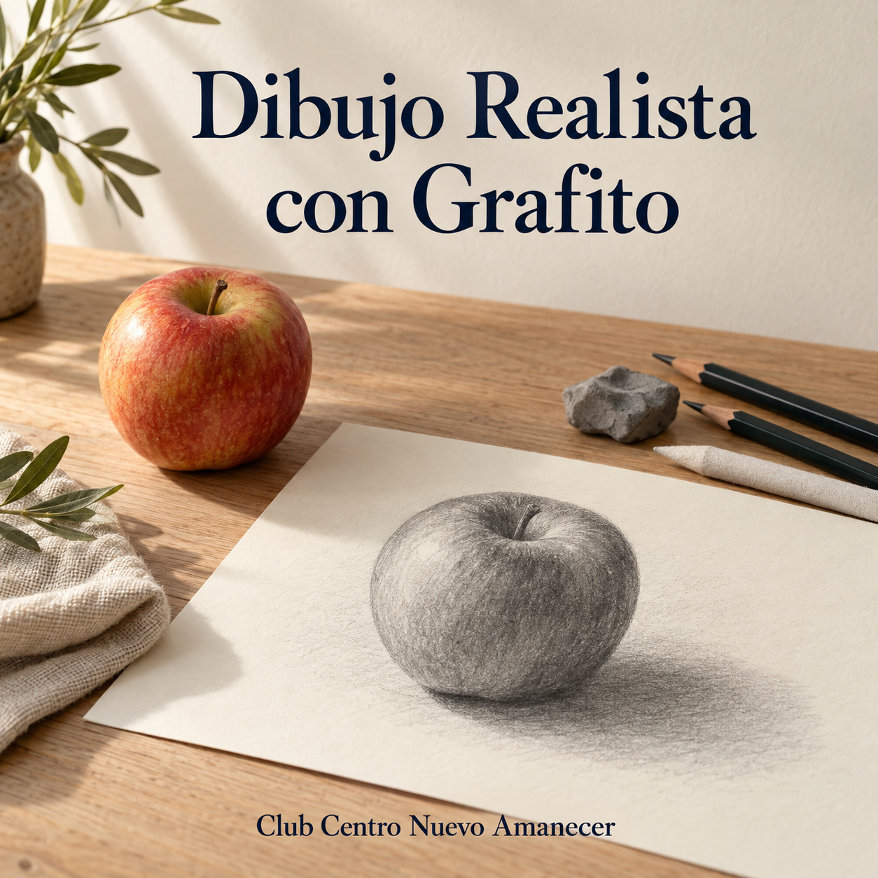Manzana y estudio de la misma en grafito junto a lápices de dibujo.