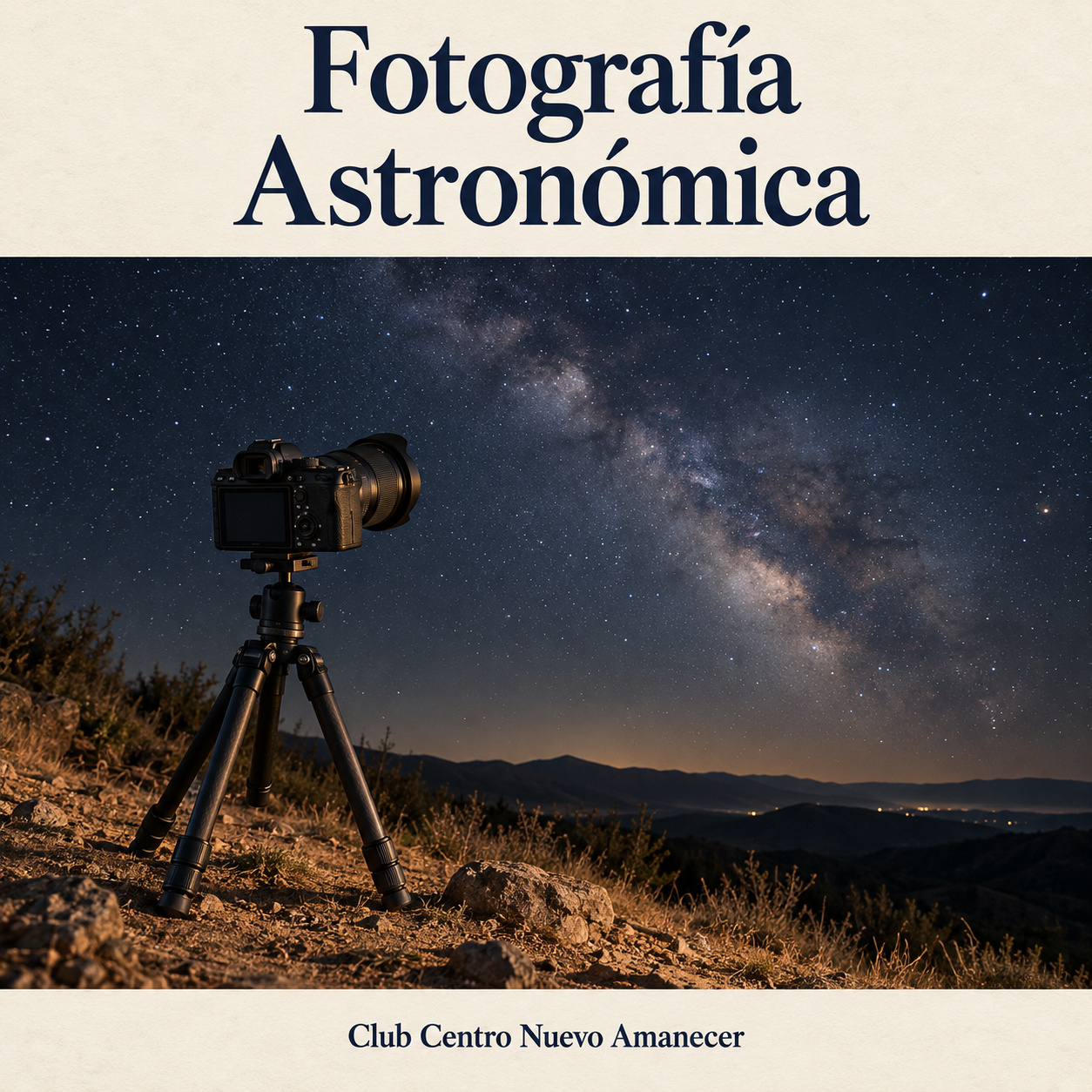 Cámara sobre un trípode ante un cielo nocturno estrellado.