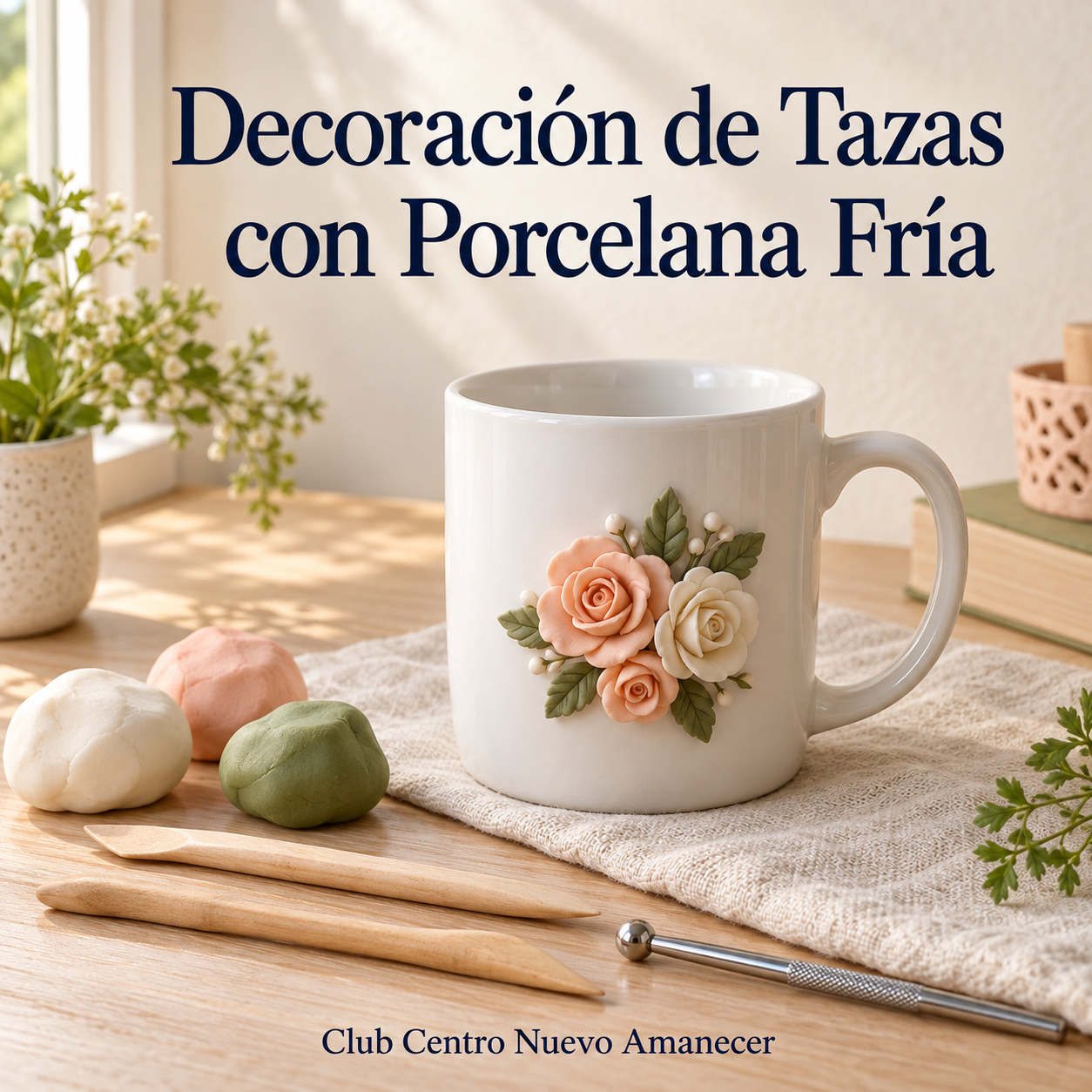 Taza decorada con flores de porcelana fría junto a herramientas de modelado.