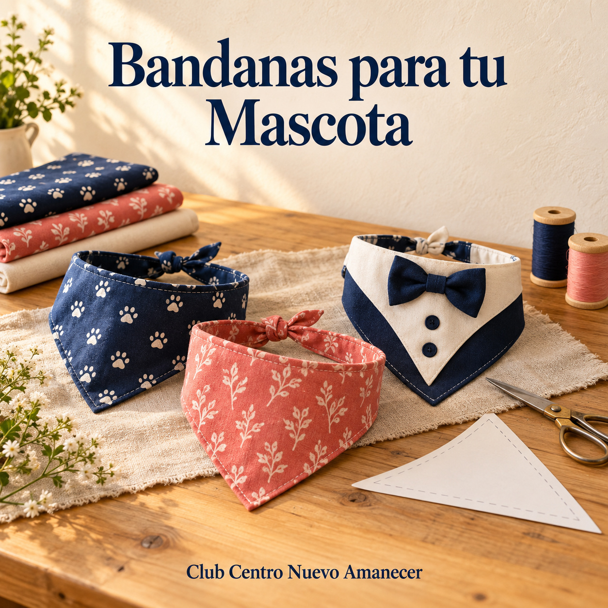 Ilustración conceptual creada con IA: Bandanas para mascotas, telas y útiles de costura. No es material ni resultado del curso.