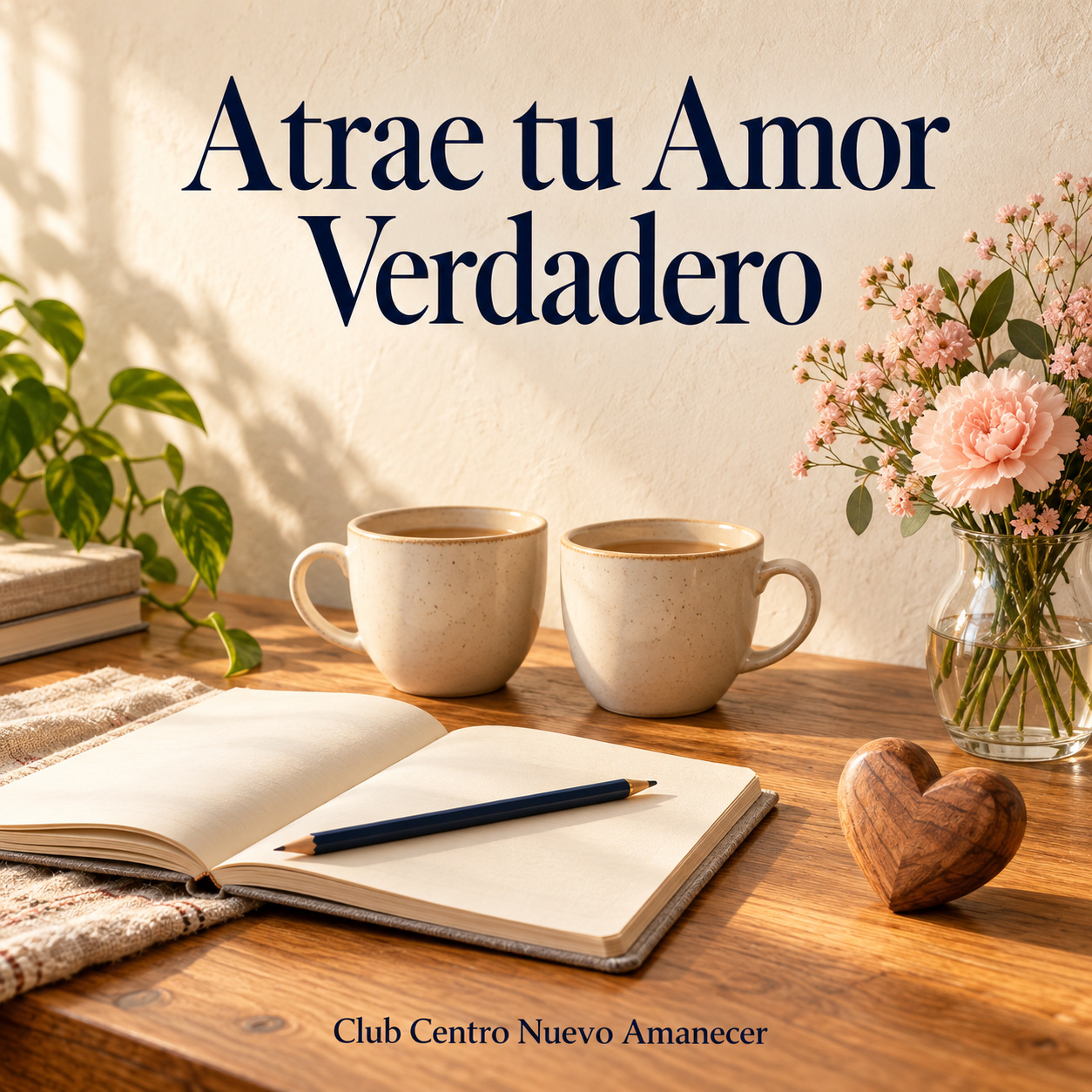 Ilustración conceptual creada con IA: Dos tazas, un cuaderno y un corazón de madera junto a flores. No es material ni resultado del curso.