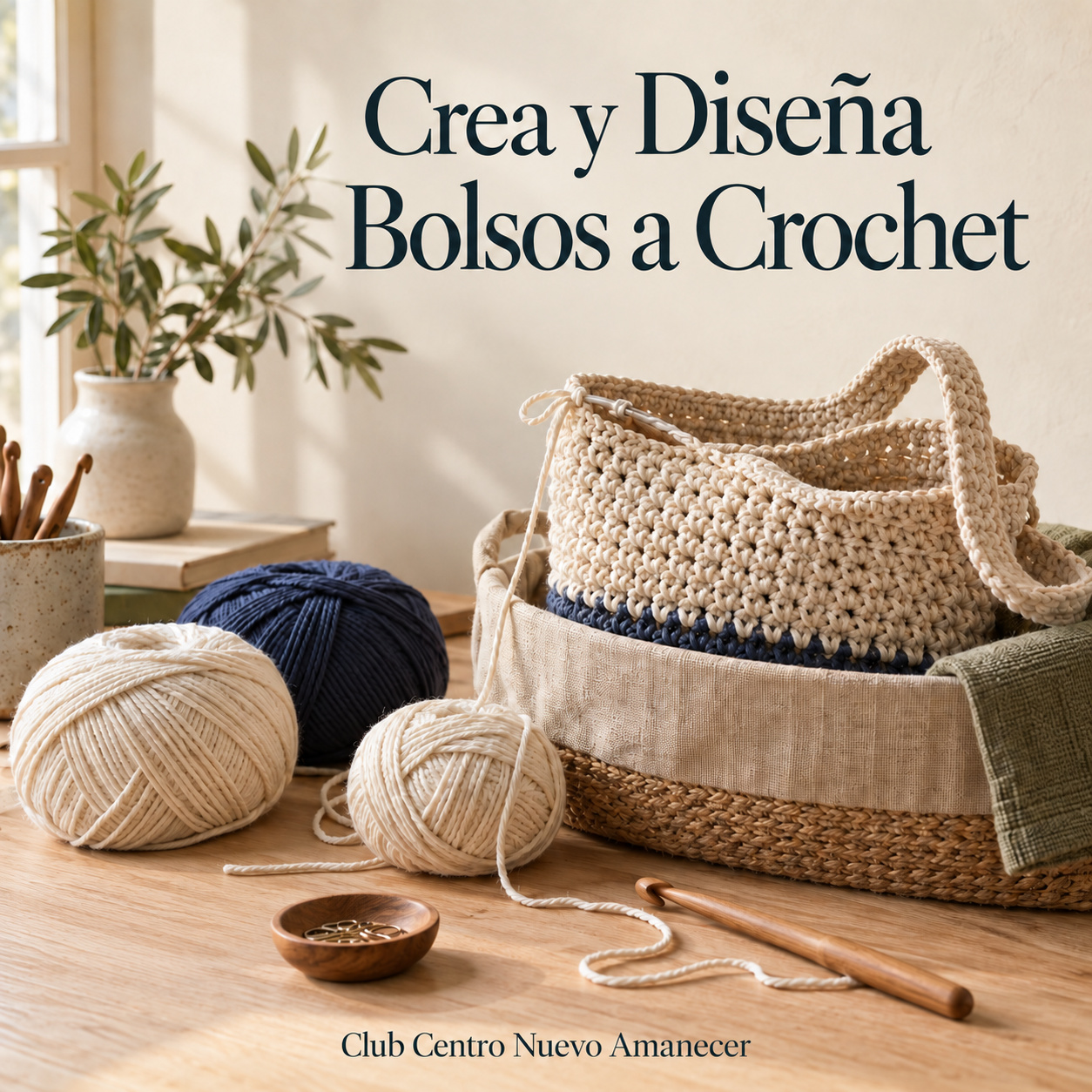 Bolso tejido a crochet junto a ovillos de algodón y un ganchillo sobre una mesa.