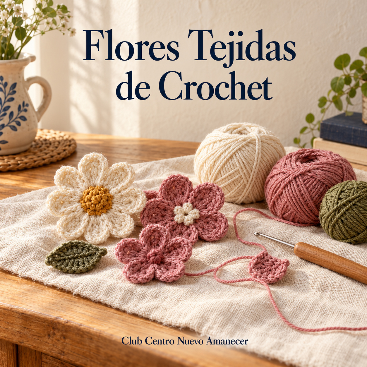 Flores tejidas a crochet junto a ovillos y un ganchillo.