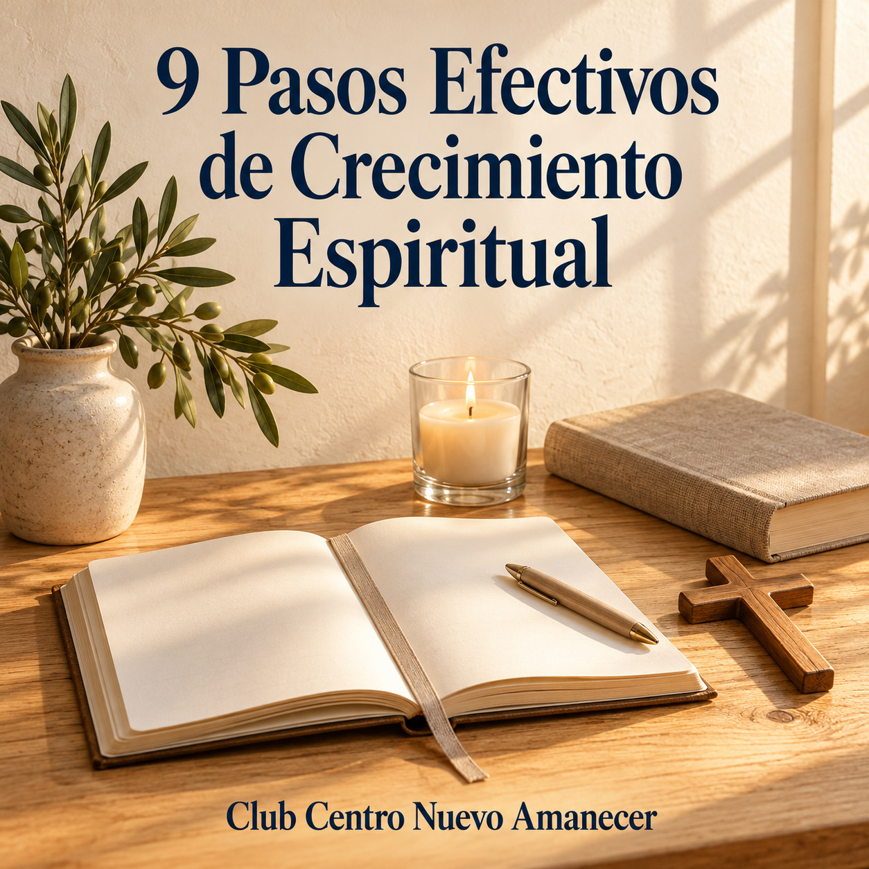 Ilustración conceptual creada con IA: Cuaderno abierto, vela, libro y ramas de olivo. No es material ni resultado del curso.