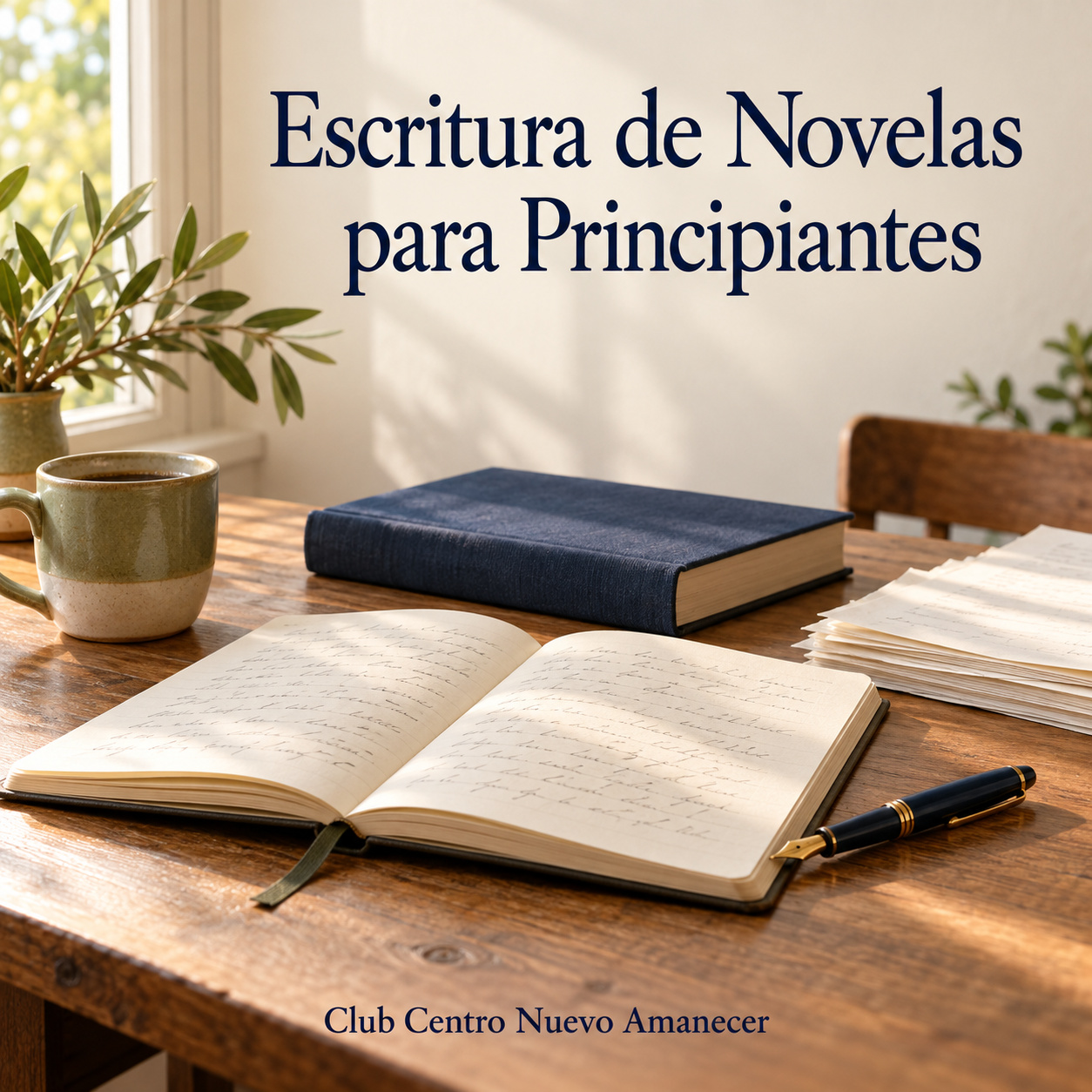 Cuaderno abierto, pluma y libros sobre una mesa de escritura junto a una ventana.