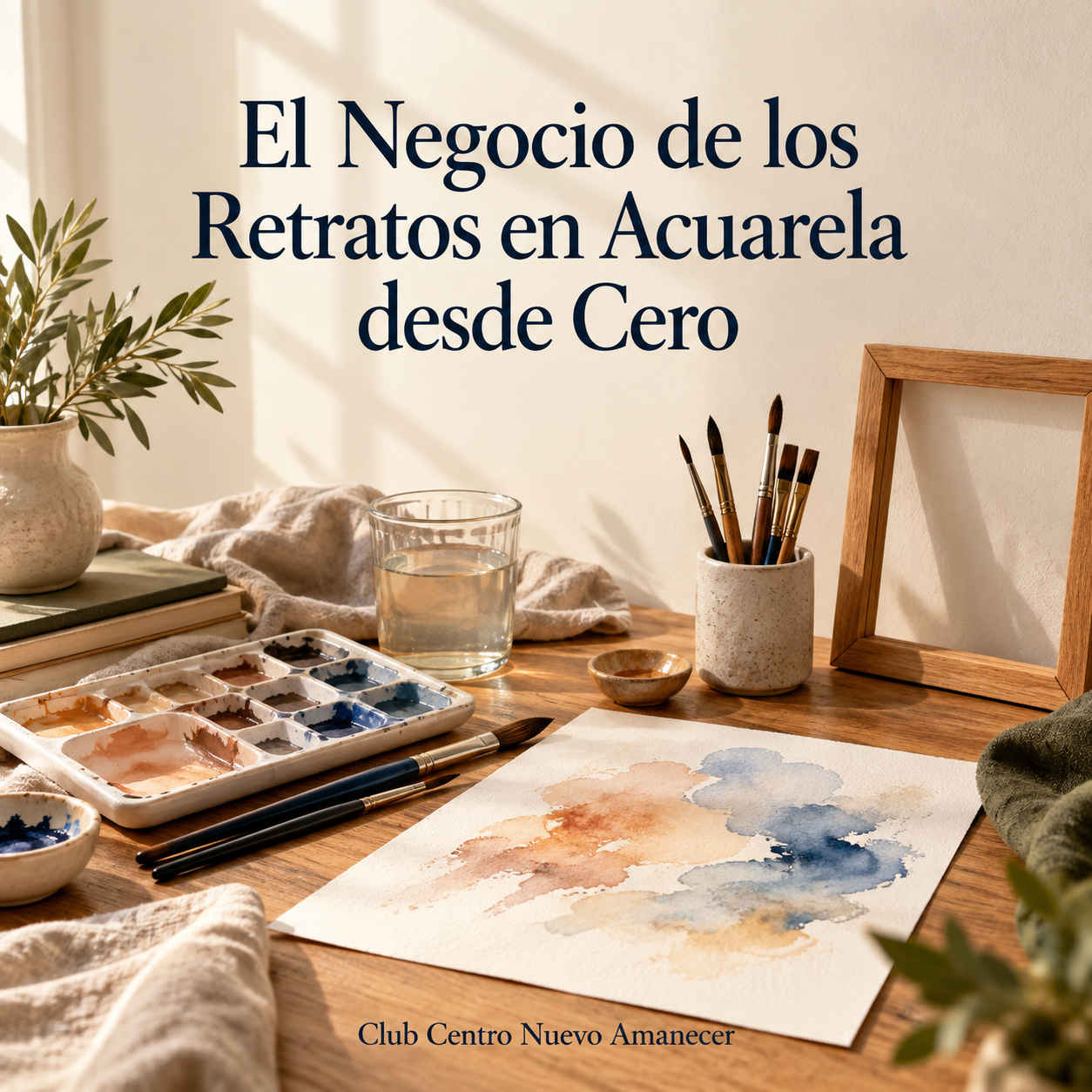 Paleta de acuarelas, pinceles, manchas de color y marco vacío.