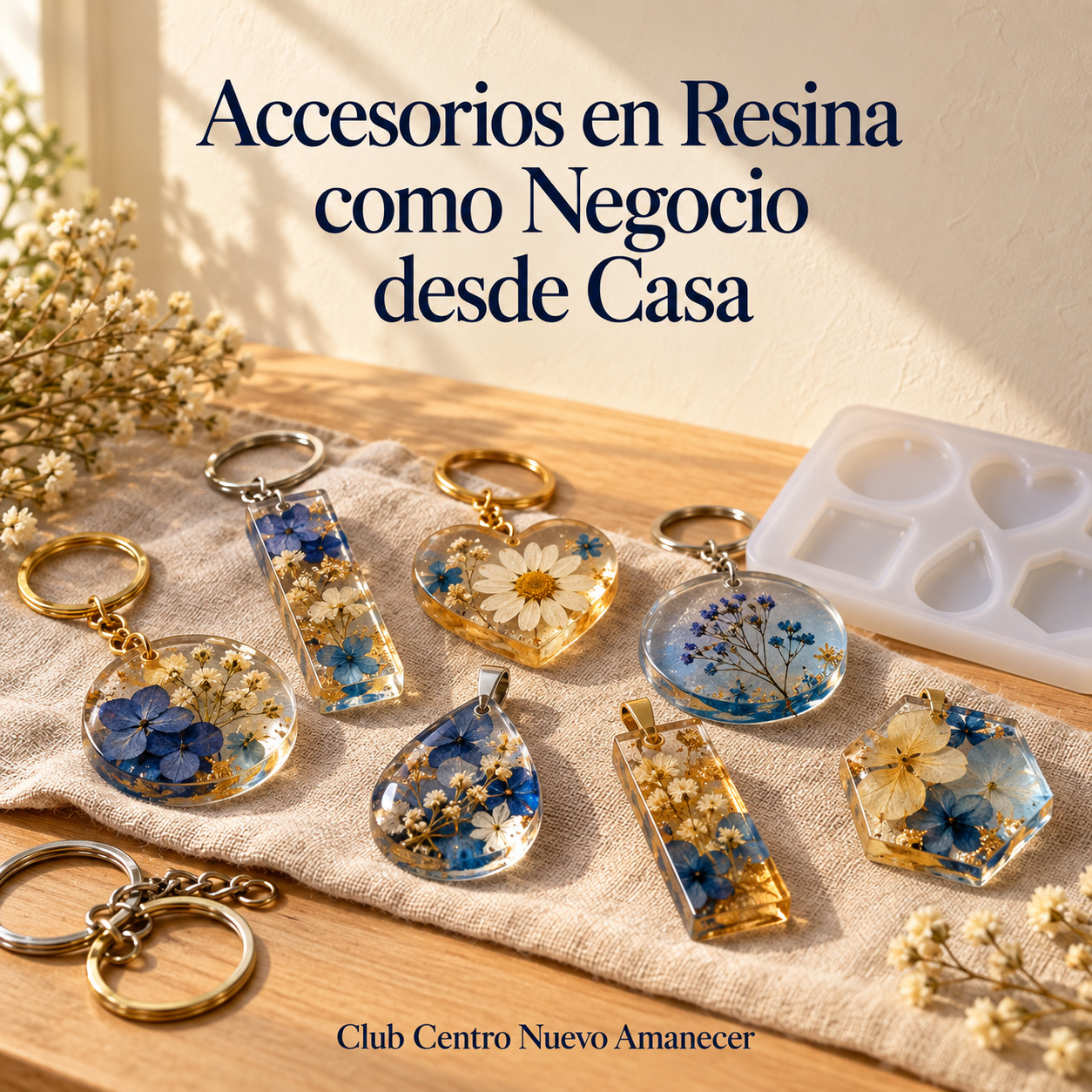 Ilustración conceptual creada con IA: Accesorios de resina, flores secas y moldes sobre una mesa. No es material ni resultado del curso.