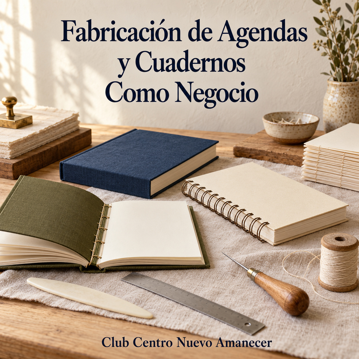 Cuadernos artesanales y herramientas de encuadernación sobre lino.
