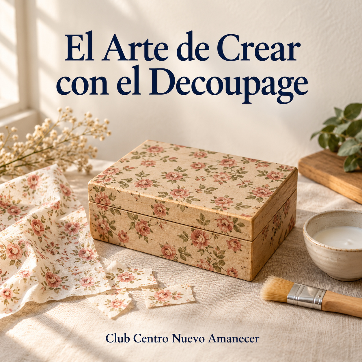 Objeto decorado con motivos de papel junto a materiales de decoupage.
