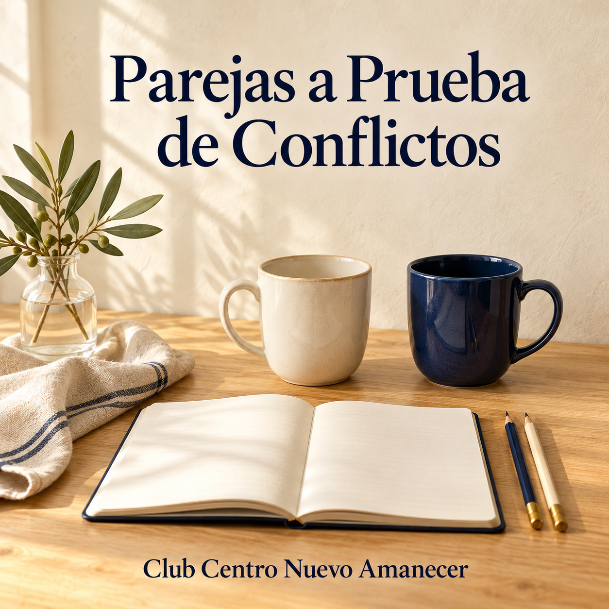 Ilustración conceptual creada con IA: dos tazas junto a un cuaderno abierto, lápices y un jarrón con ramas. No es material ni resultado del curso.