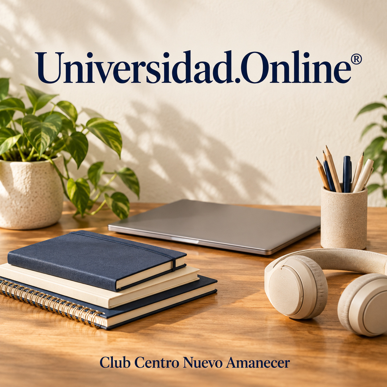 Ilustración conceptual creada con IA: portátil cerrado, cuadernos, auriculares y un recipiente con lápices. No es material ni resultado del curso.