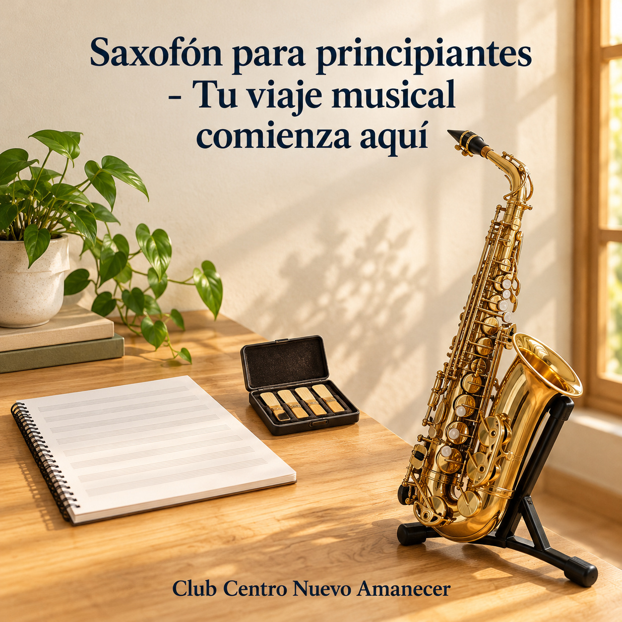 Ilustración conceptual creada con IA: saxofón dorado en un soporte junto a un cuaderno pautado y un estuche de cañas. No es material ni resultado del curso.