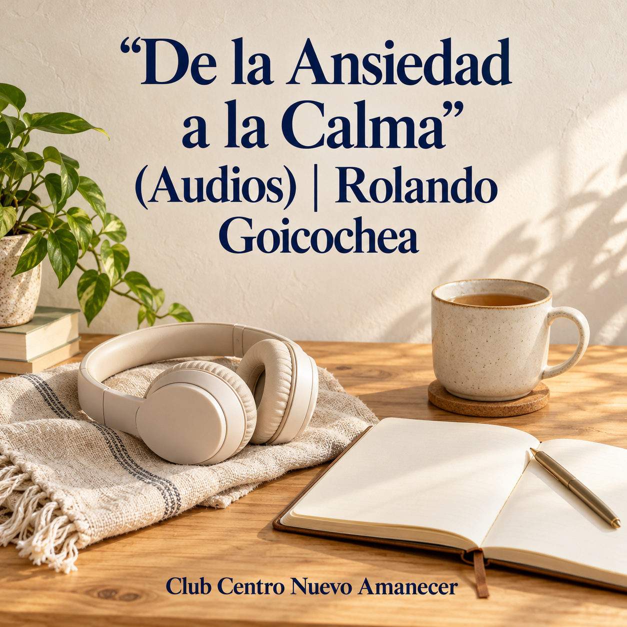 Ilustración conceptual creada con IA: Auriculares, cuaderno, bolígrafo y una taza sobre una mesa. No es material ni resultado del curso.